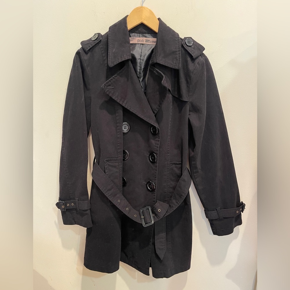 Vintage PINK WOMAN Belted Double Breasted Black Jacket